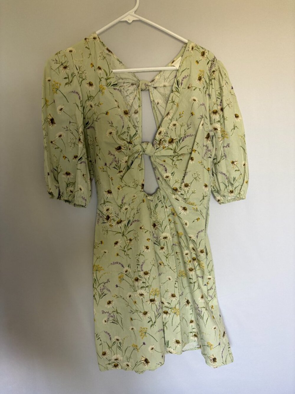 H&M Floral Puff Sleeve Dress Tie Back Sage Small